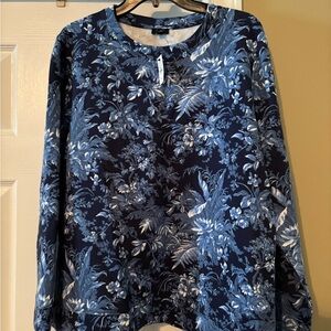 Talbots Blue and Black Long Sleeve Mandarin Collar Blouse